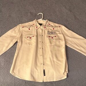Lucky Brand Cream Button Down Shirt with Red Embroidery